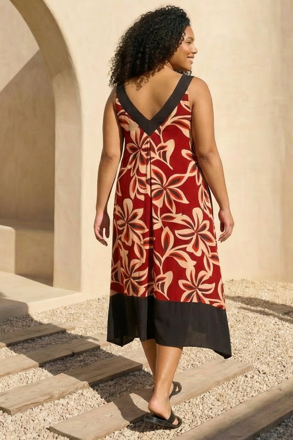 Red Curve Floral Print V-Neck Dress, Image 4 of 4