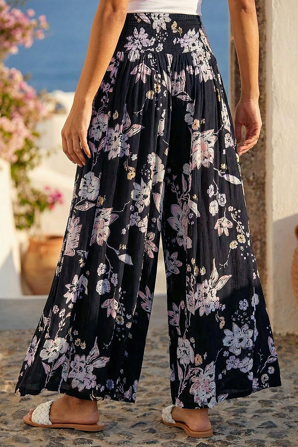 Black Floral Elastic Waist Wide Leg Palazzo Trousers, Image 4 of 4