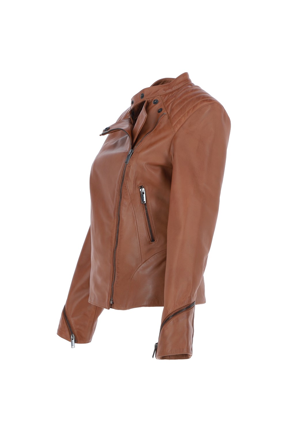 Tan Veg Tanned Biker Jacket With Double Button Mandarin Collar, Image 3 of 4