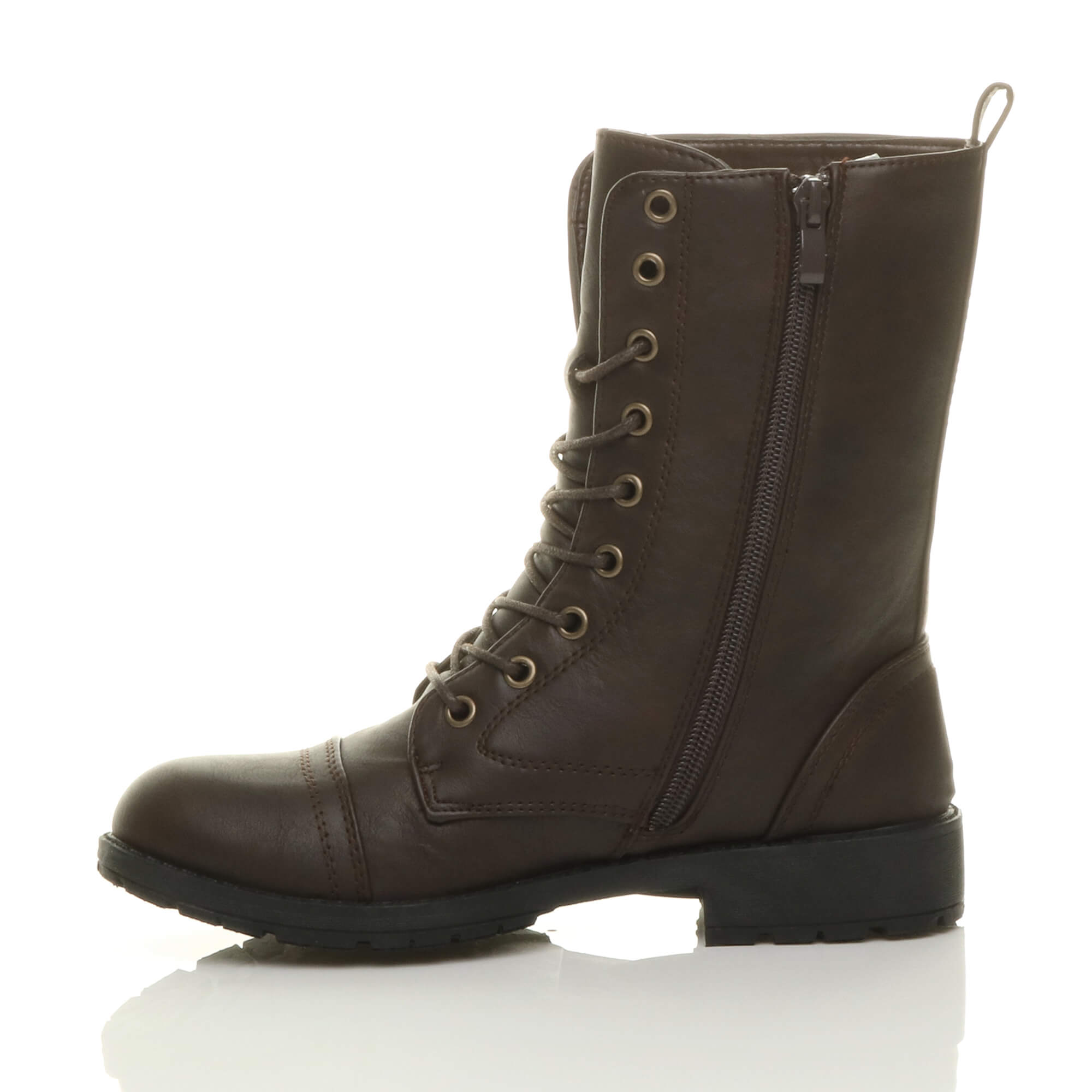 Brown Lace Up Buckles Military Biker Ankle Boots, Image 3 of 5