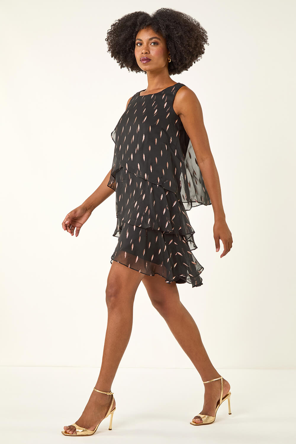 Black Shimmer Foil Print Tiered Dress, Image 4 of 6