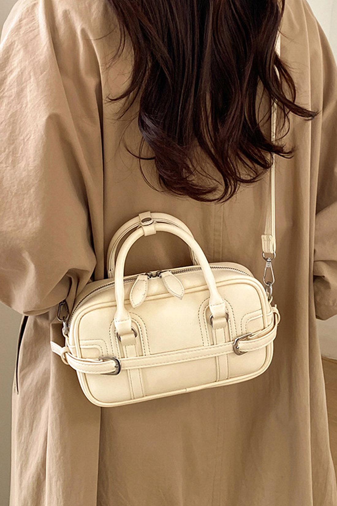Beige Barrel Satchel handbag With Shoulder Strap, Image 4 of 4