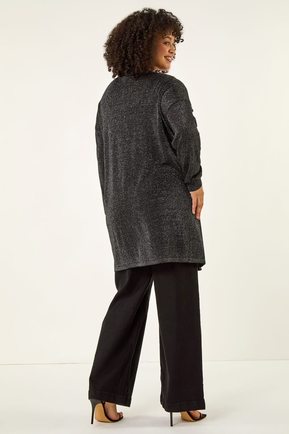 Black Curve Sparkly Longline Knit Cardigan, Image 4 of 5