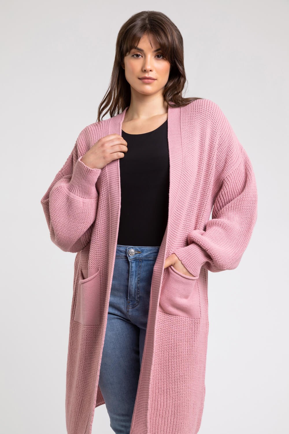 Rose Curve Longline Ribbed Cardigan, Image 1 of 5