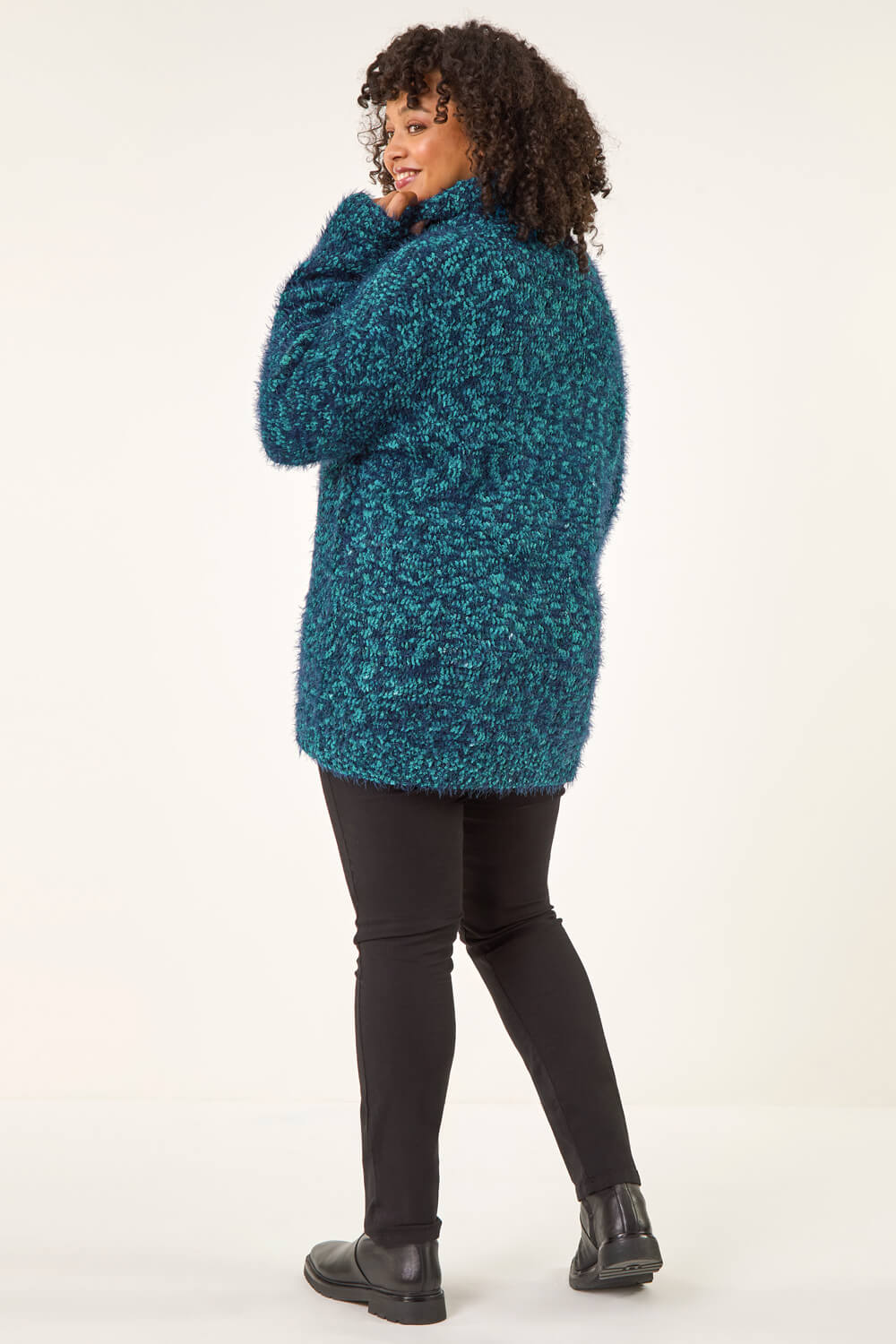Teal Curve Fluffy Roll Neck Knit Jumper, Image 5 of 6