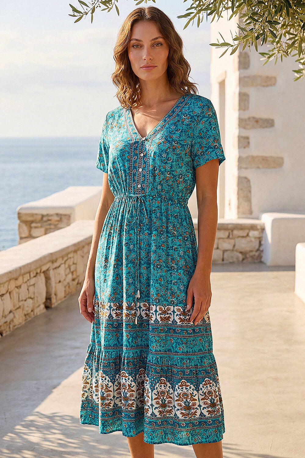Blue Petite Floral Border Print Midi Dress , Image 4 of 4