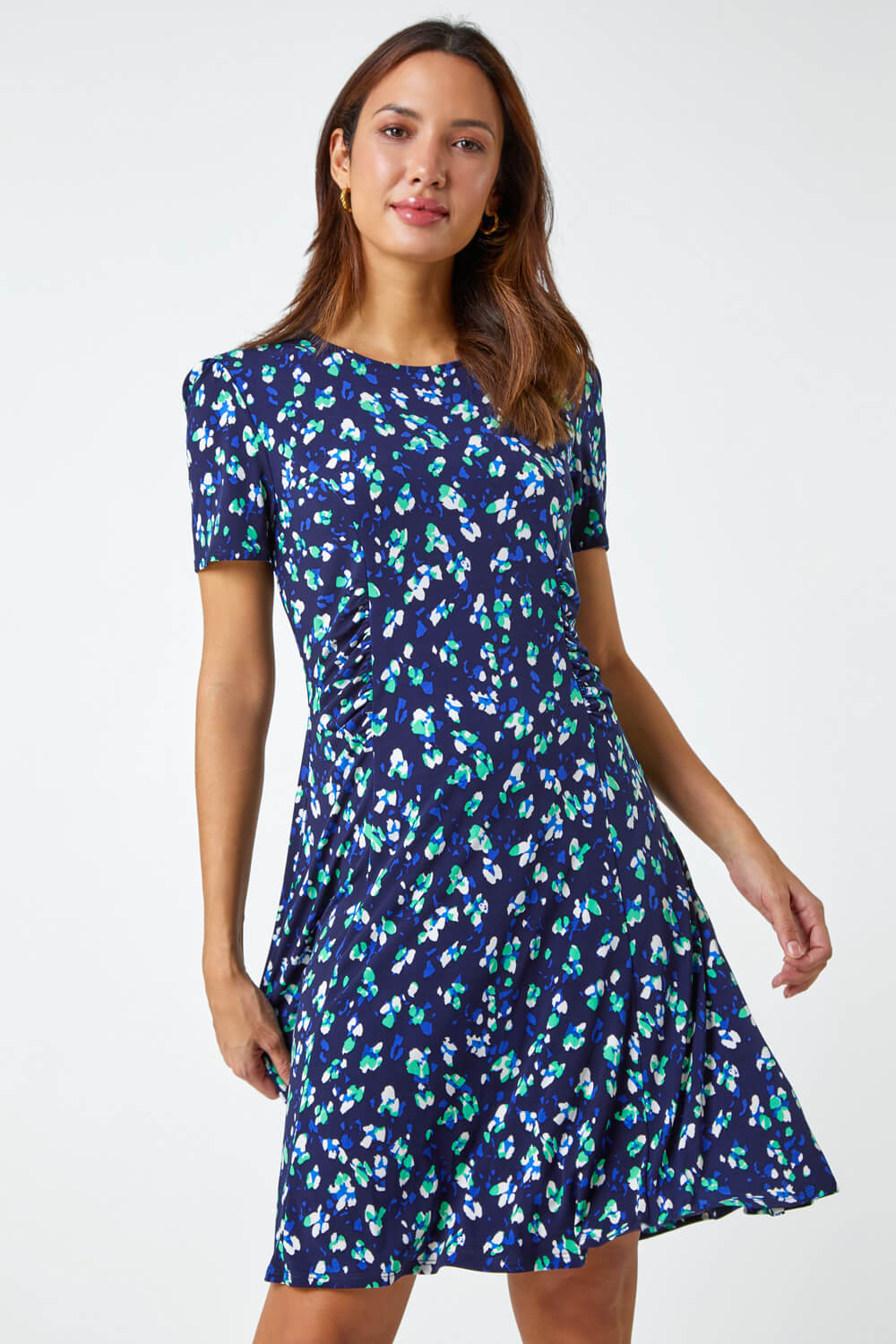 Navy Panelled Ditsy Floral Print Dress, Image 3 of 5