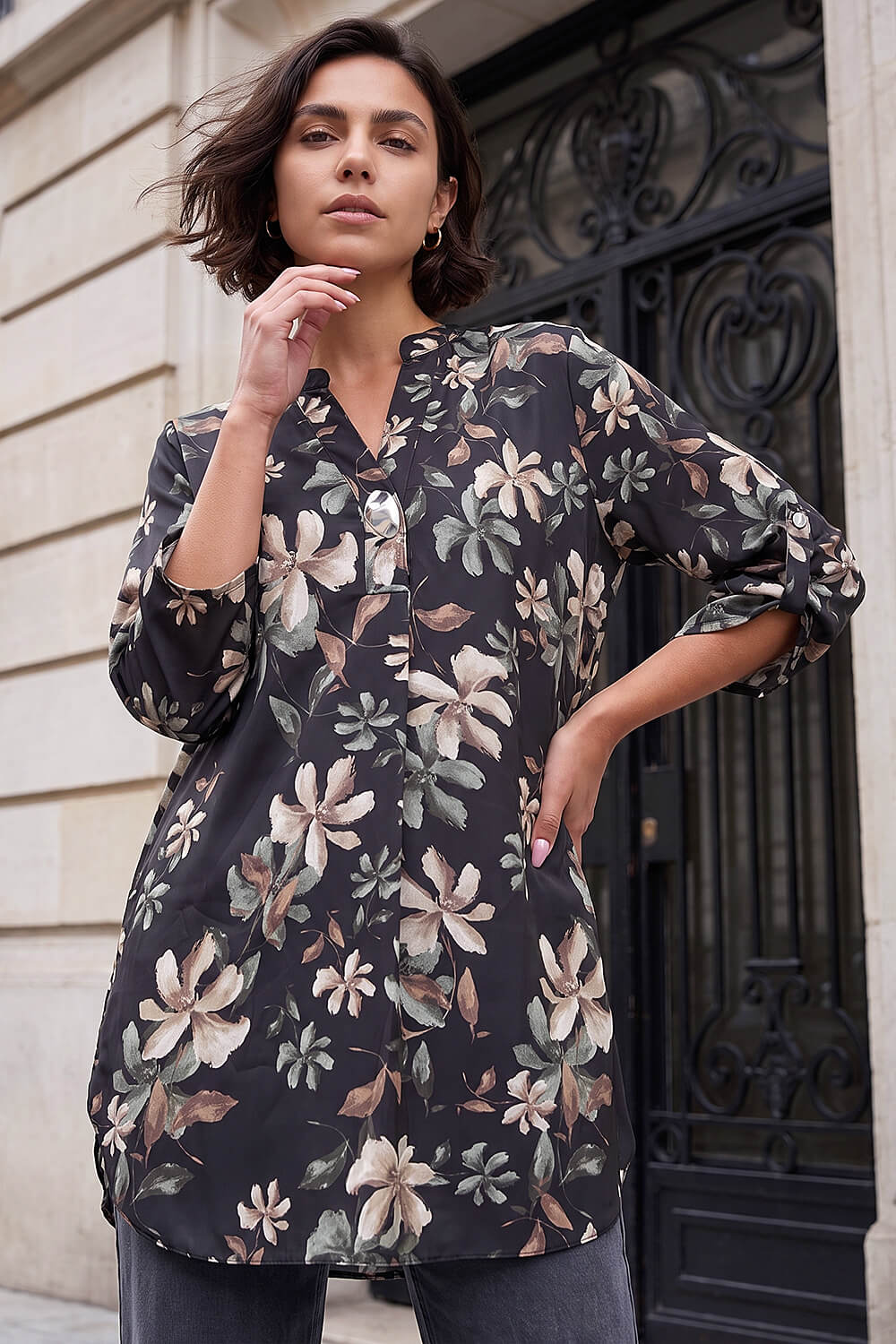 Roman  Stone Floral Print Buttoned Longline Top Size 12
