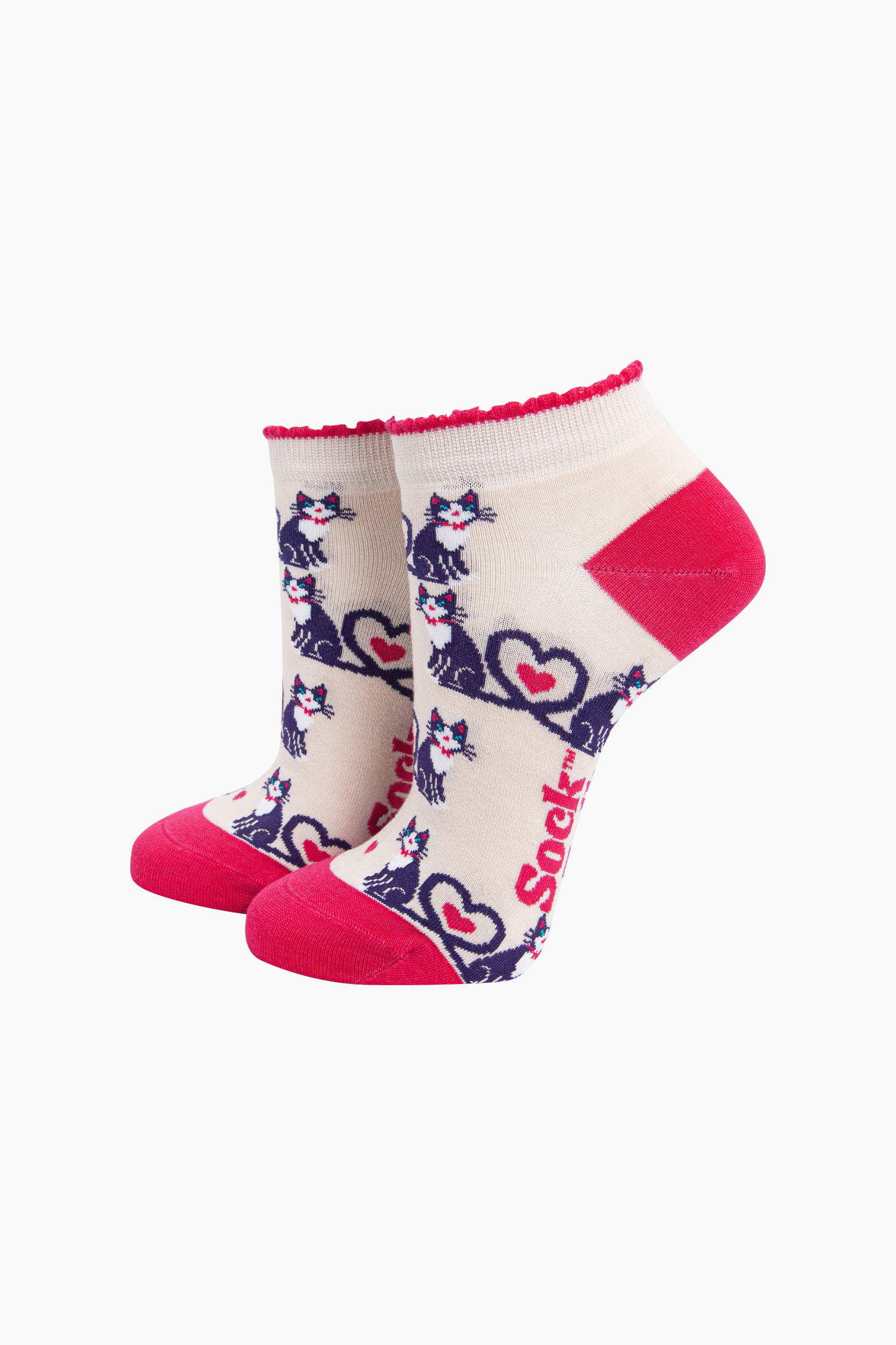 Cream Cats in Love Bamboo Trainer Socks in Cream, Image 1 of 4