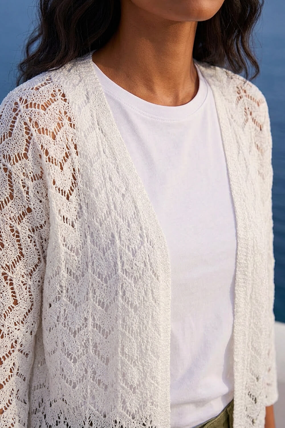 White Wave Stitch Detail Knit Cardigan, Image 5 of 4