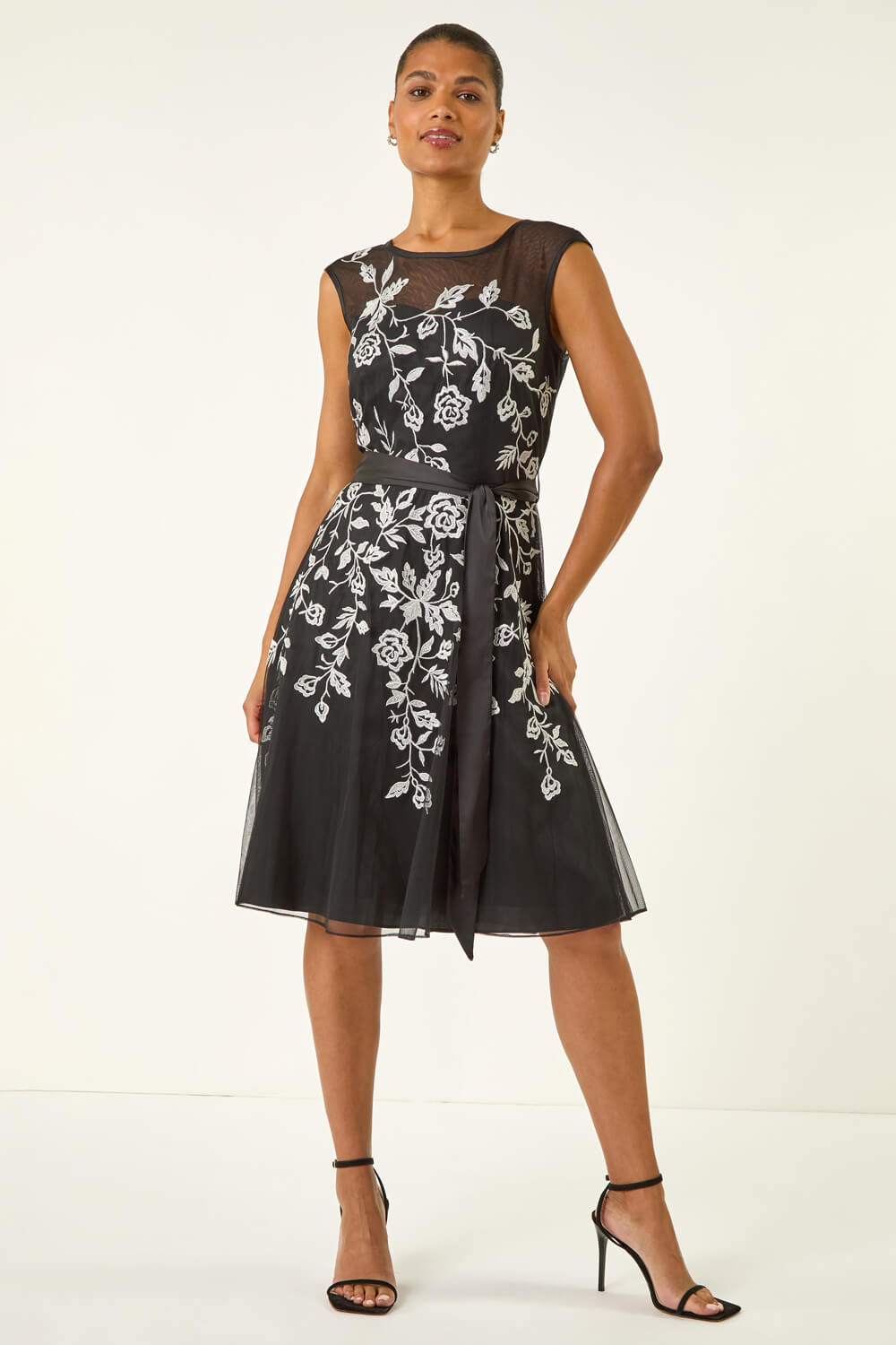 Printed Tie Waist Midi Dress - Black main image 1