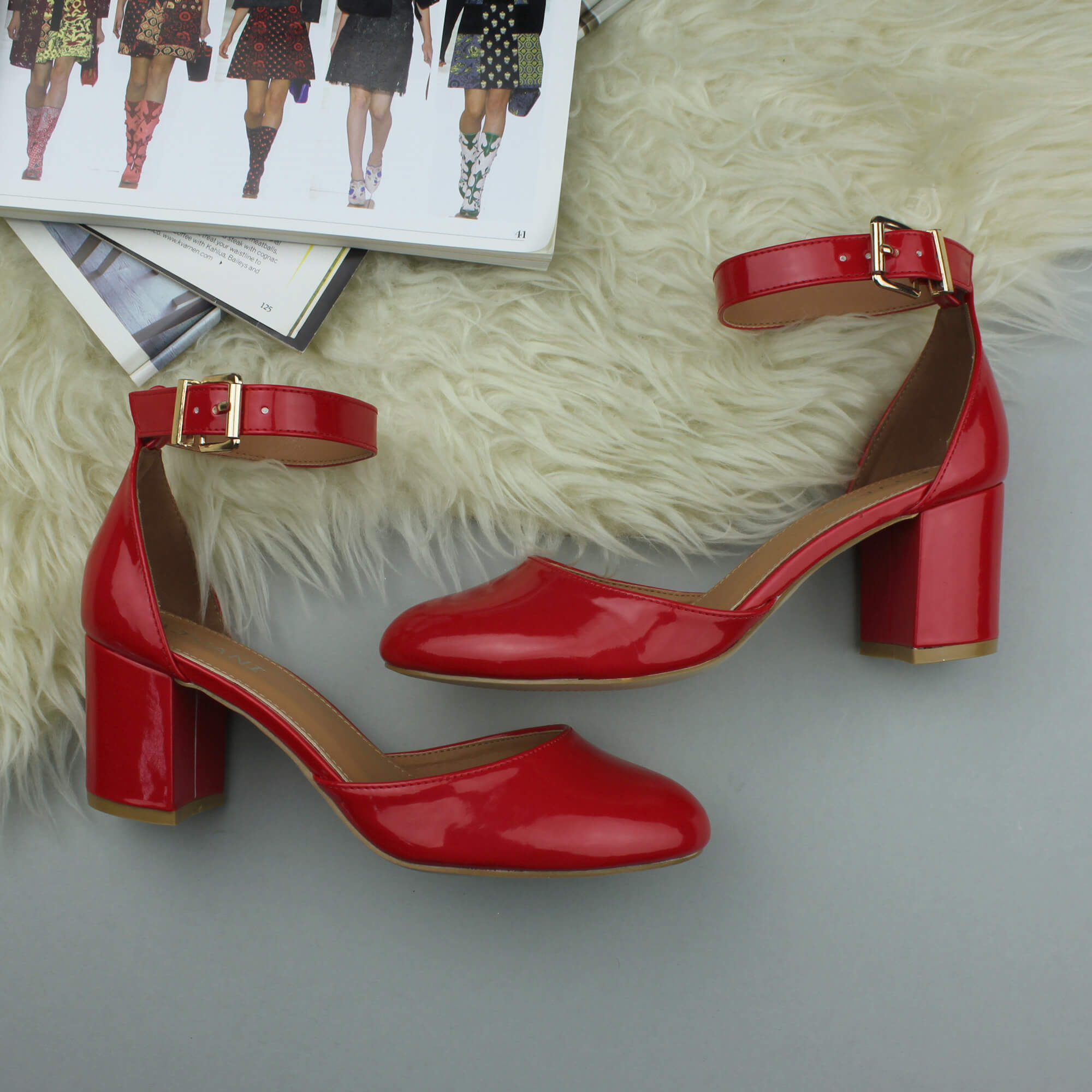 Red AJVANI Red Mid Block Heel Ankle Strap 2 Part Heels, Image 4 of 6