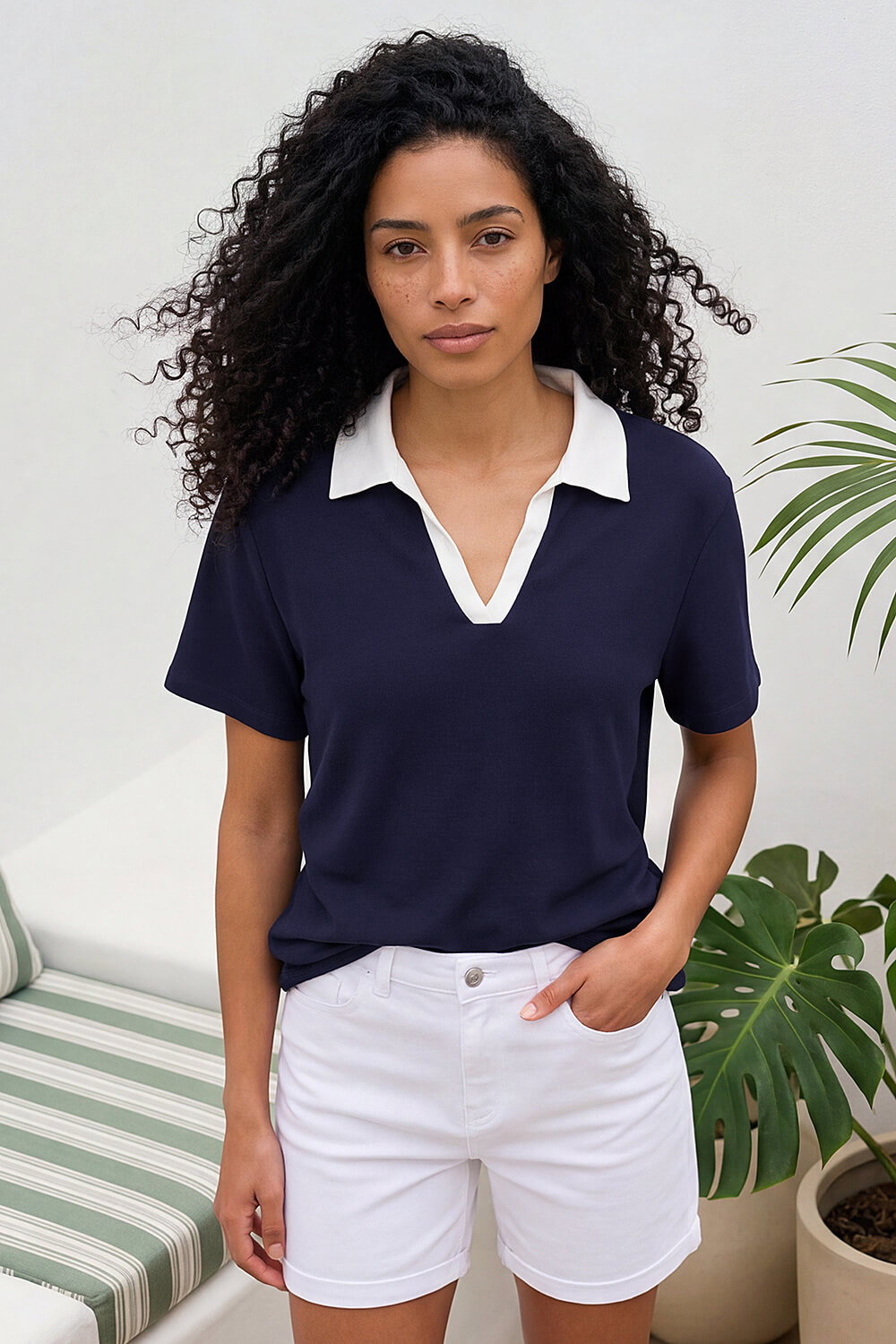 Navy Cotton Collar V-Neck Top , Image 3 of 4