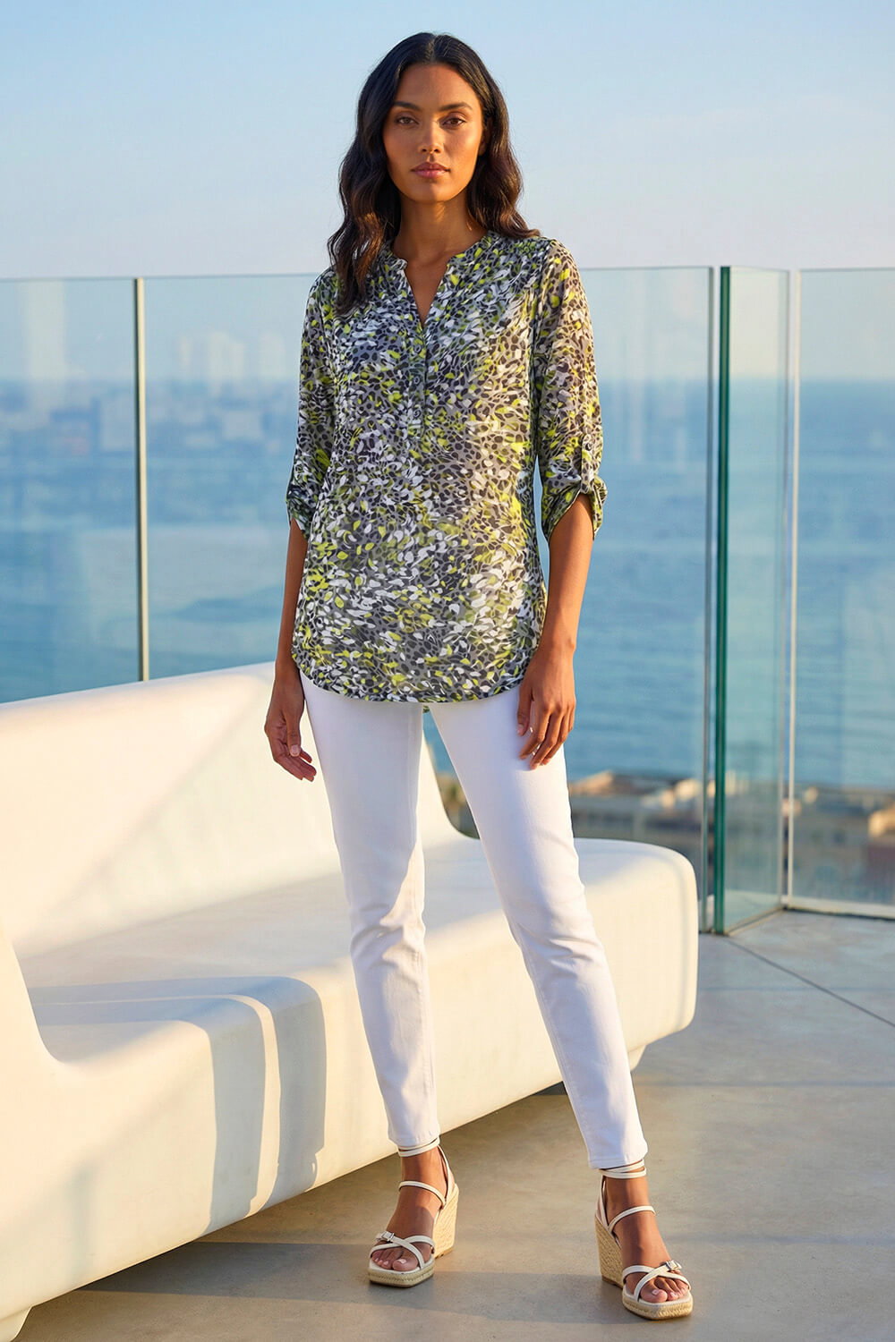 Lime Animal Print Burnout V-Neck Stretch Shirt , Image 3 of 4