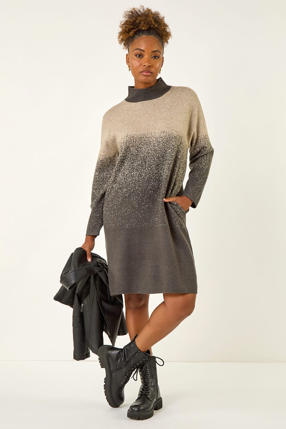 Roman Women's Grey Ombre Speckled Knit Dress Medium