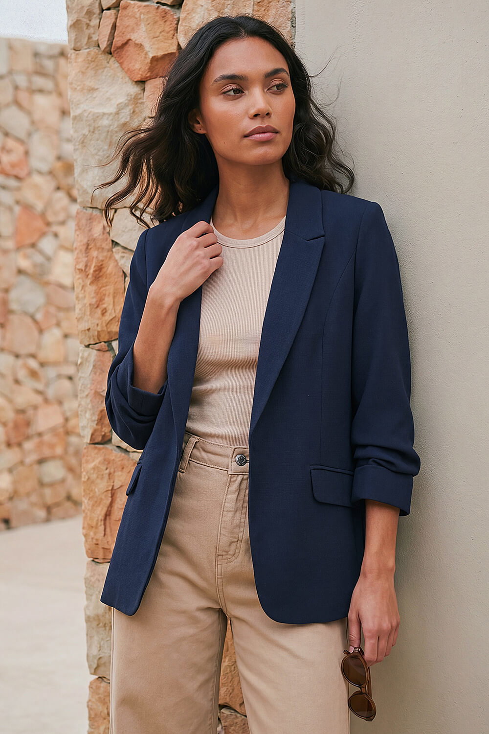 Navy Ruched 3/4 Sleeve Blazer Jacket, Image 1 of 4