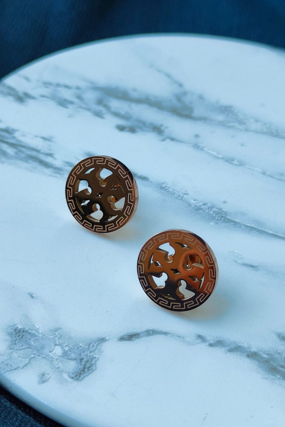 Gold Large Round TB Stud Earrings, Image 2 of 5