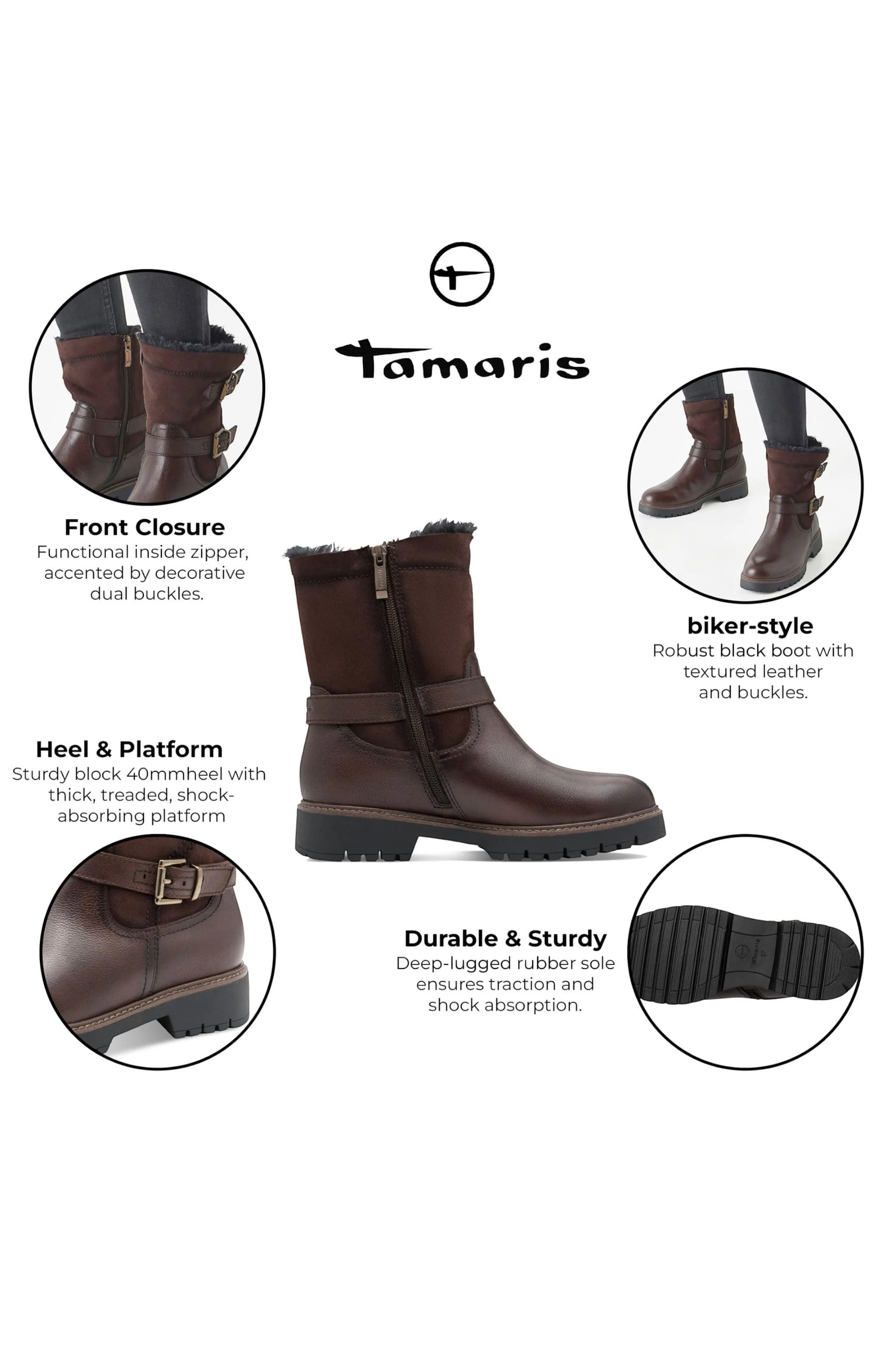 Brown Tamaris Womens Mocca Buckle Biker Boots, Image 2 of 8