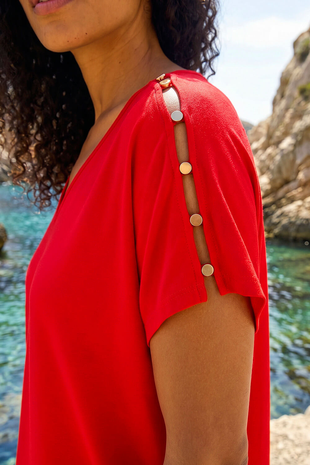 Red Cold Shoulder Button Top, Image 5 of 4