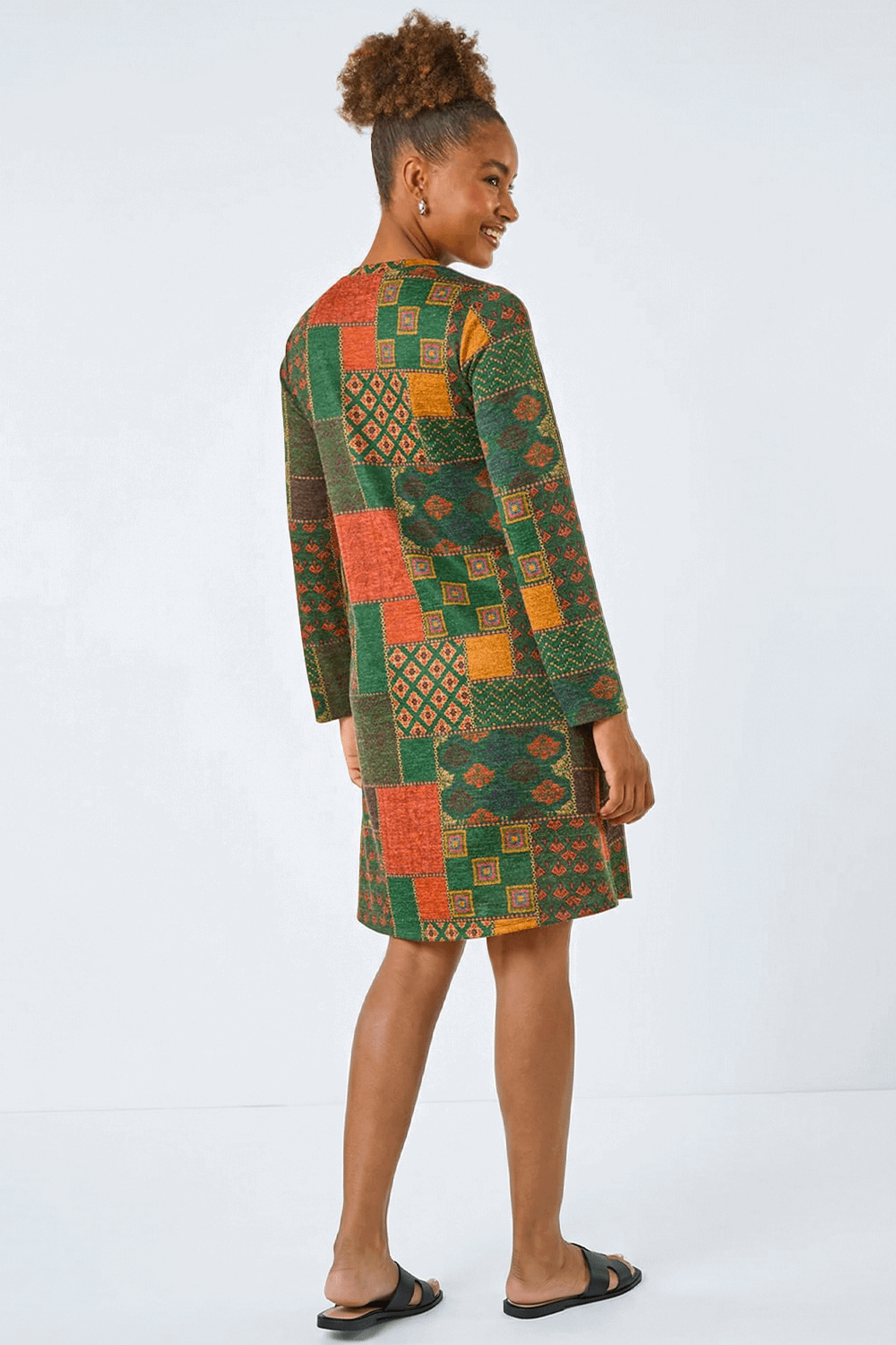 Green Patchwork Print Button Swing Dress, Image 4 of 5