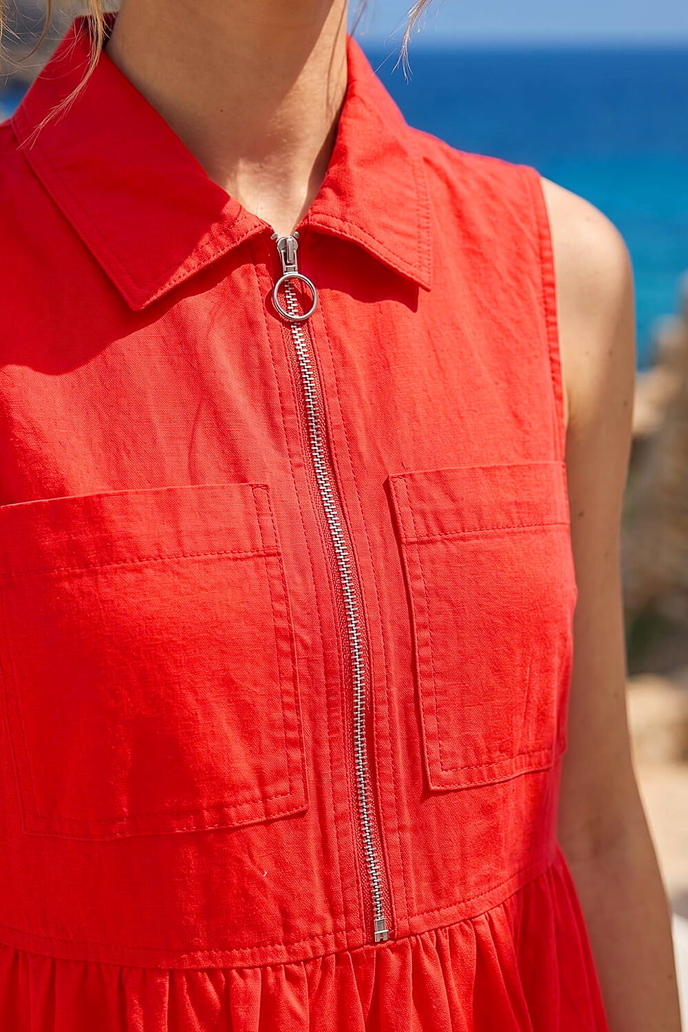 Red Collared Zip Front Midi Dress, Image 5 of 4