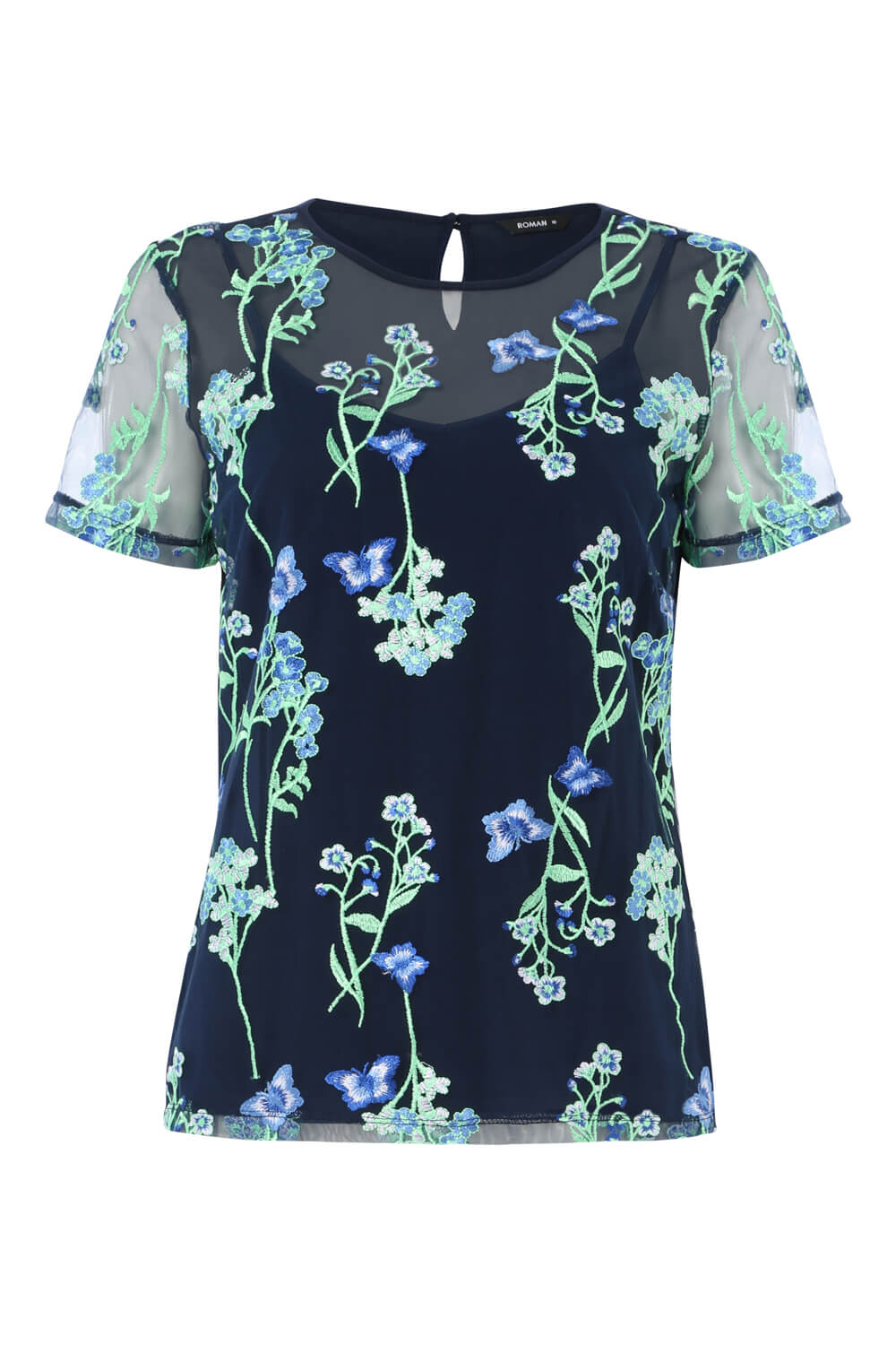 Blue Floral Mesh Embroidered Top, Image 5 of 8