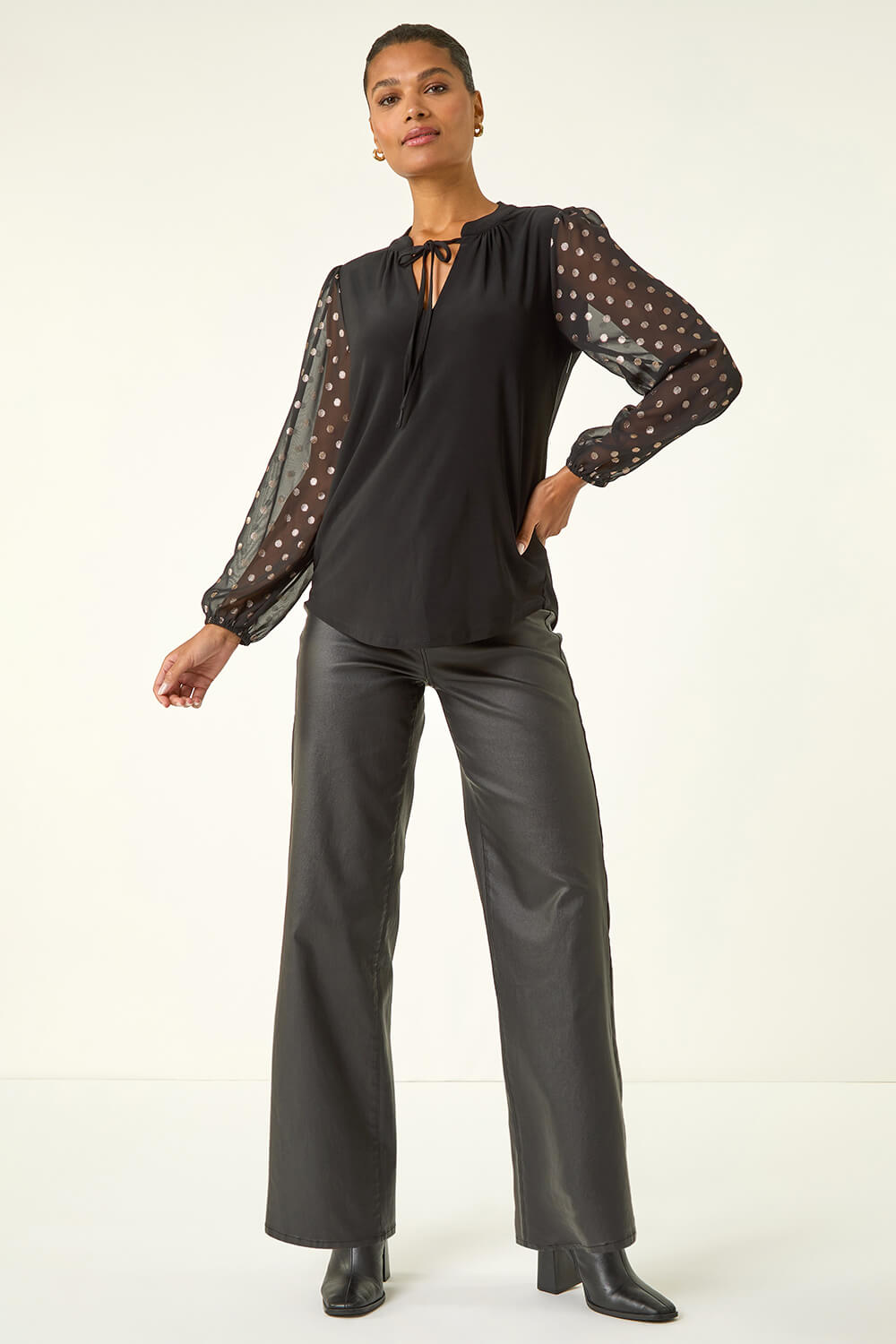 Black Chiffon Foil Spot Top, Image 3 of 5