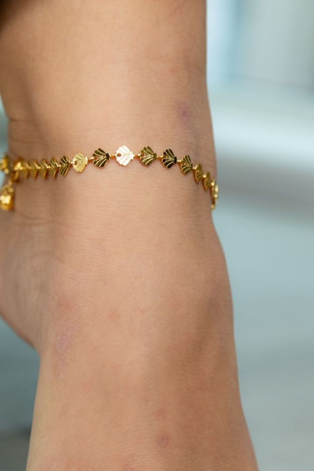 Gold Golden Brass Fan Charm Minimalist Thin Slim Foot Payal Anklet, Image 2 of 2