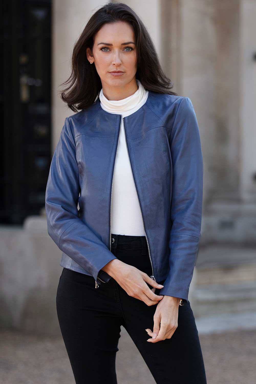 Blue 'Francesca' Collarless Real Leather Fashion Jacket, Image 1 of 5