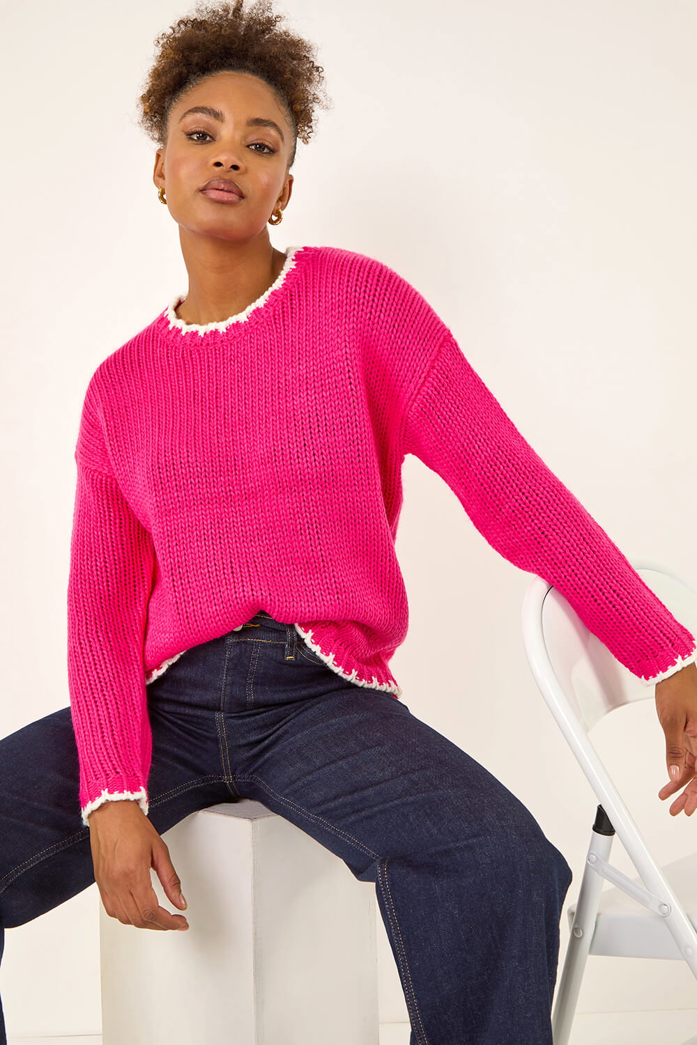 Roman Women's Fuchsia Stitch Detail Soft Knit Jumper Size 10