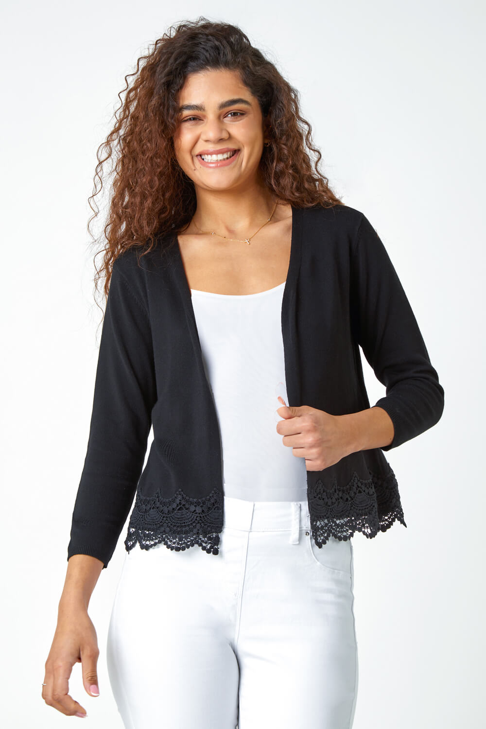 Black Scalloped Lace Trim Knitted Shrug, Image 5 of 5