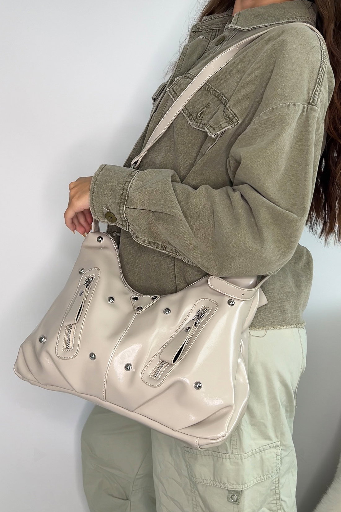 Beige Large Shoulder Bag With Zips And Studs, Image 1 of 3
