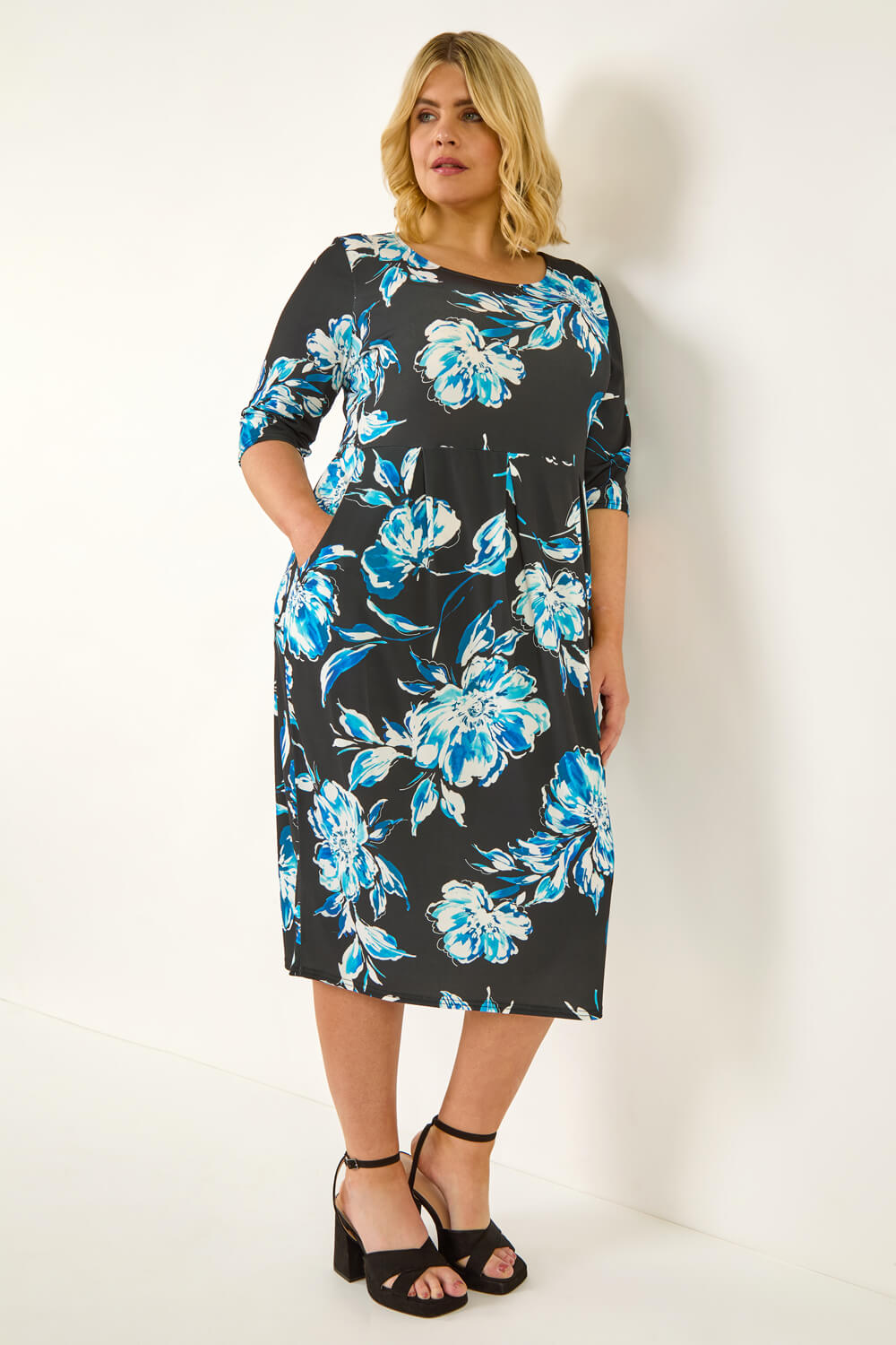Blue Curve Floral Print Pocket Dress, Image 1 of 5