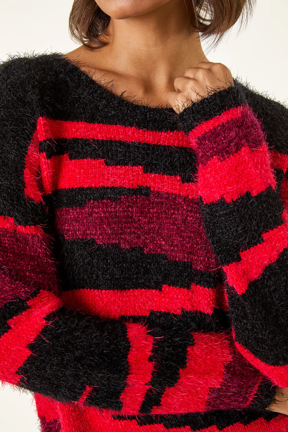 Black Fluffy Colour Block Knit Jumper, Image 6 of 5