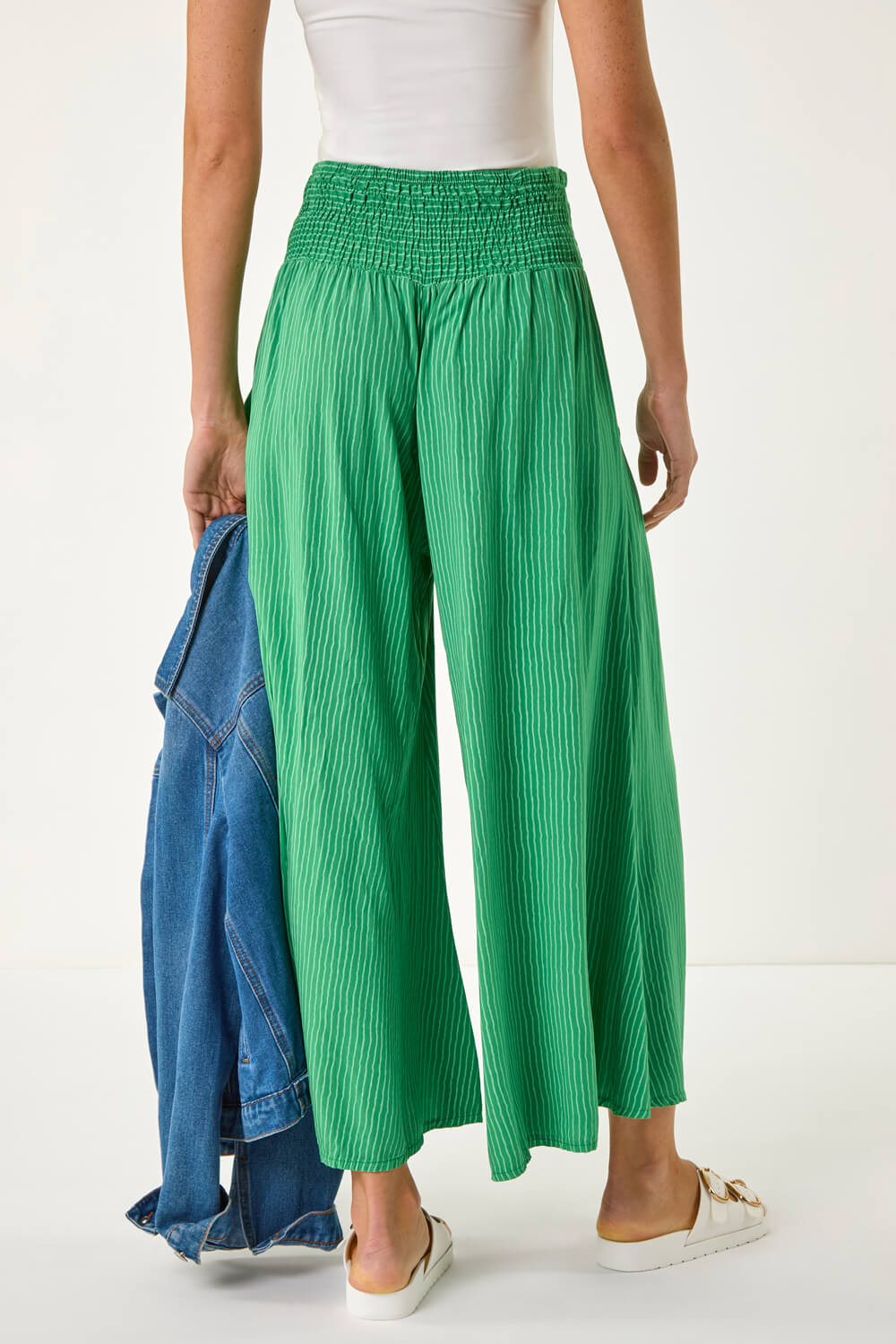 Green Fine Stripe Wide Culotte Trouser, Image 4 of 5