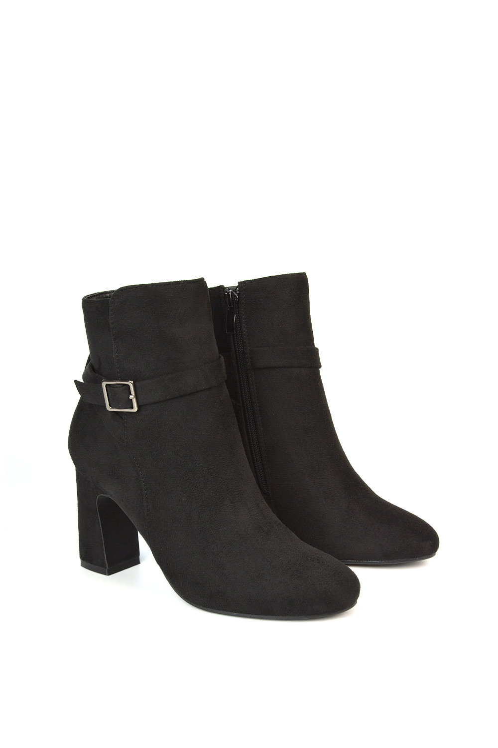 Black 'Mary' Block Mid High Heel Shoe Booties With Buckle Strap, Image 3 of 6