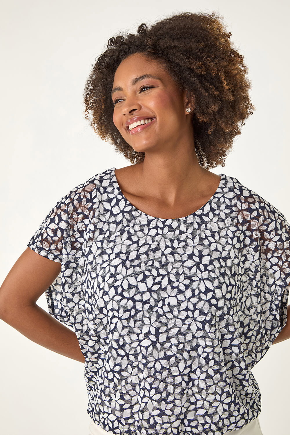 Navy Printed Lace Bubble Hem Top, Image 5 of 5