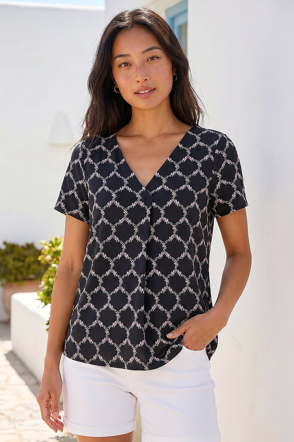 Black Petite Abstract V-Neck Stretch Top, Image 1 of 4