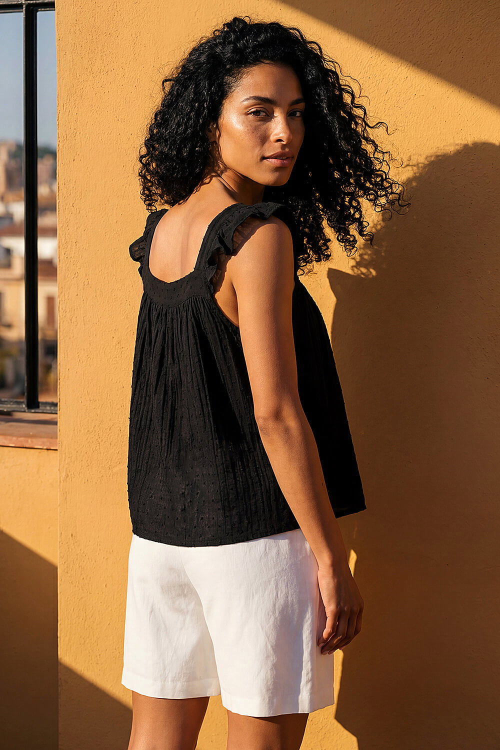Black Textured Frill Sleeve Cami Top, Image 4 of 4