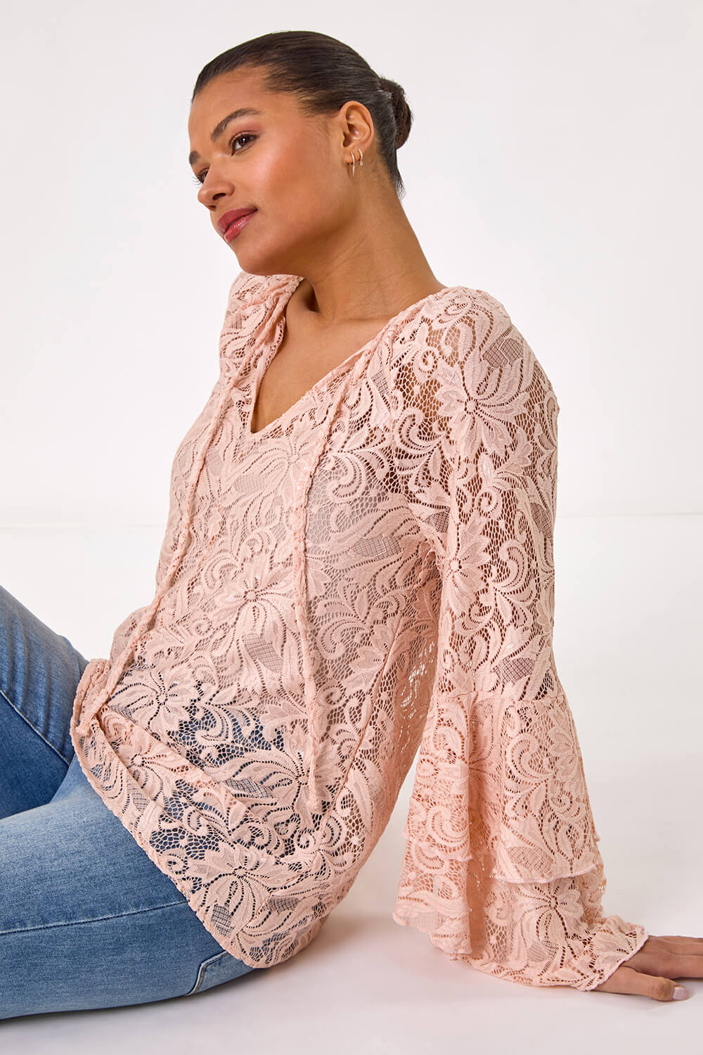 Light Pink Tie Neck Lace Detail Top, Image 3 of 5