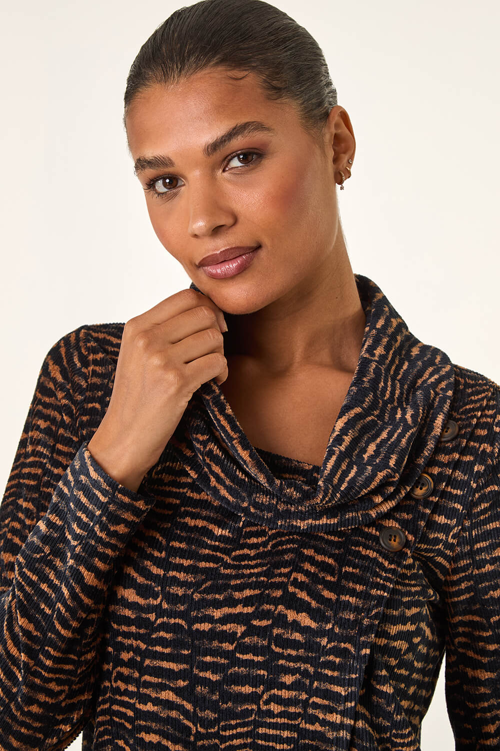 Tan Chenille Cowl Neck Tunic Top, Image 1 of 5