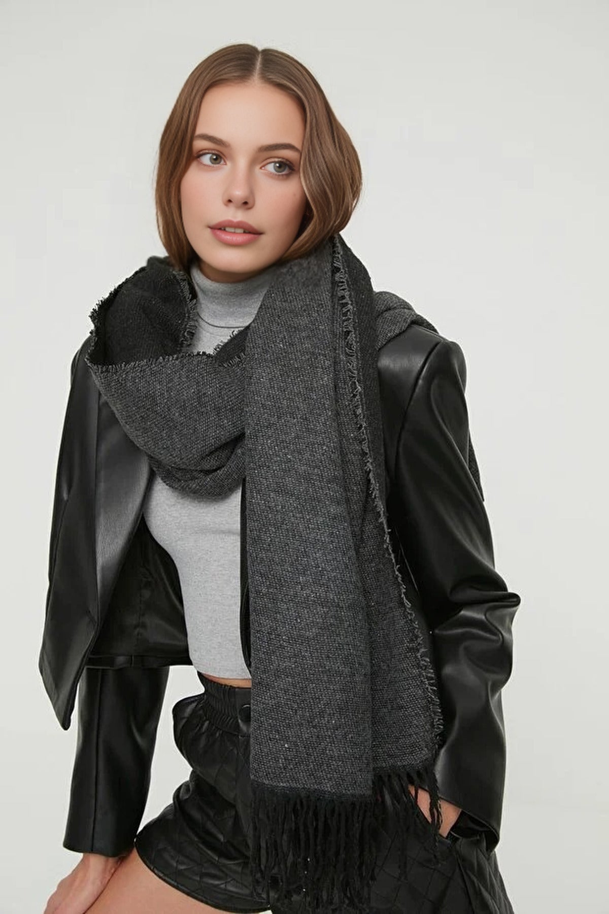 Dark Grey Soft Woven Winter Scarf with Textured Finish, Image 2 of 3