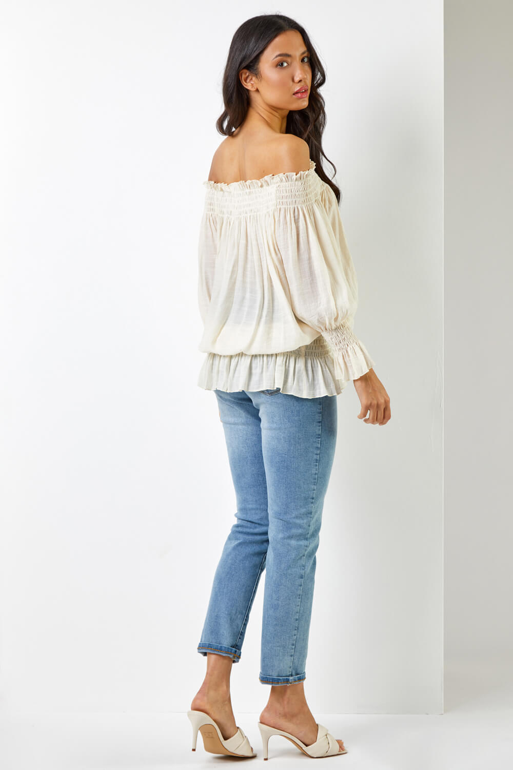 Cream Shirred Bardot Frill Detail Top, Image 3 of 5