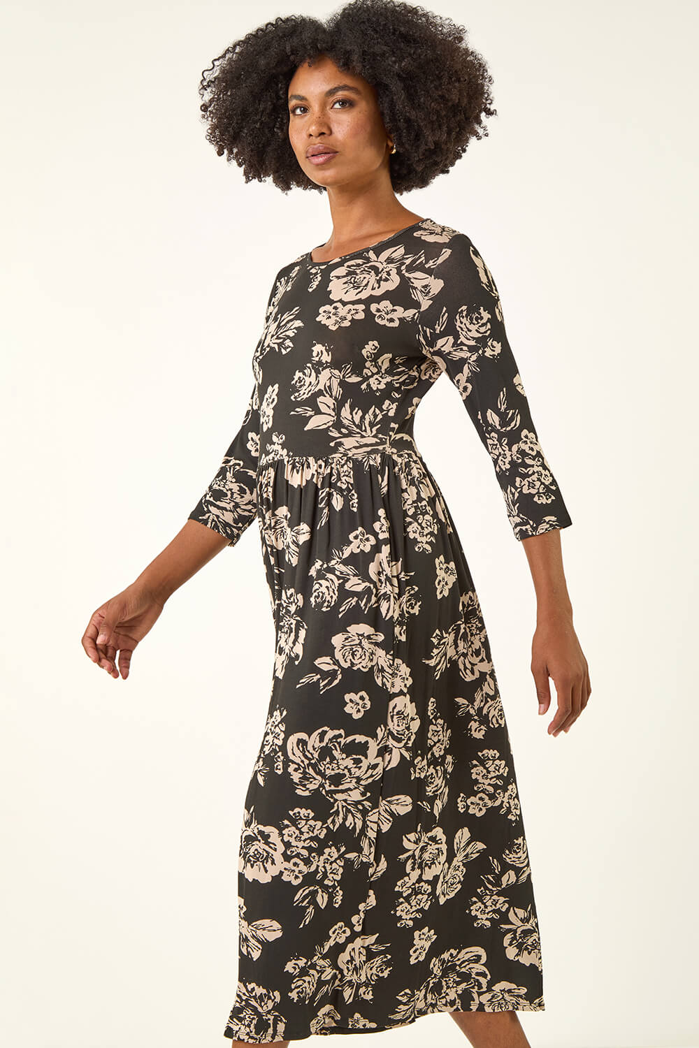 Black Floral Pocket Stretch Midi Dress, Image 5 of 5