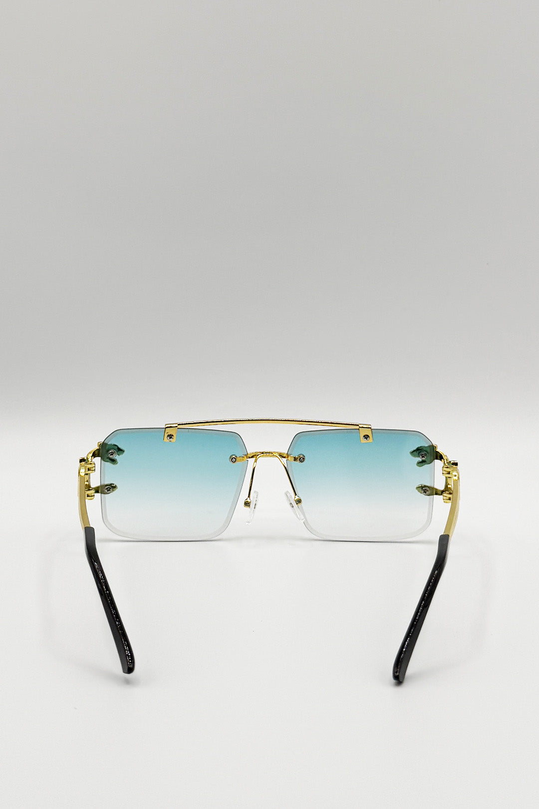 Blue SVNX Blue Rimeless Navigator With Side Detail Sunglasses In Blue, Image 5 of 5