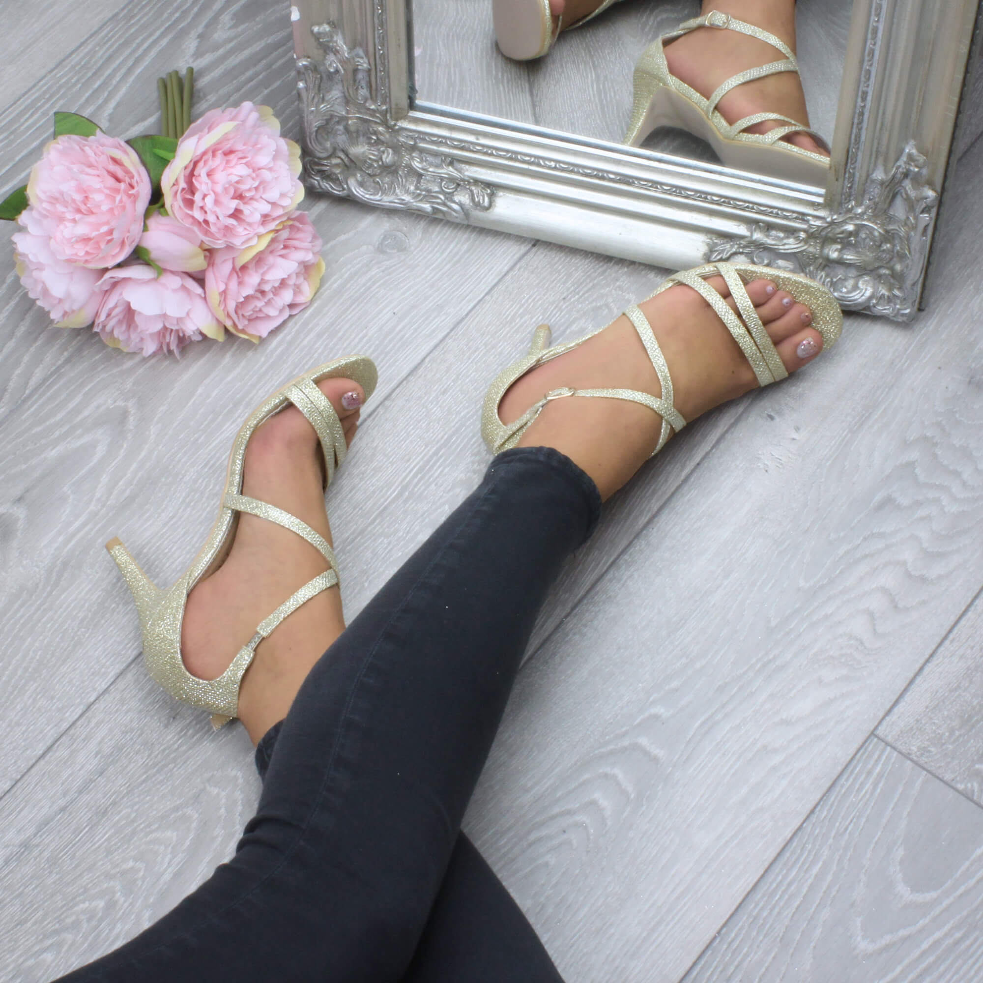 Gold High Heel Crossed Straps Buckle Sandals, Image 5 of 6