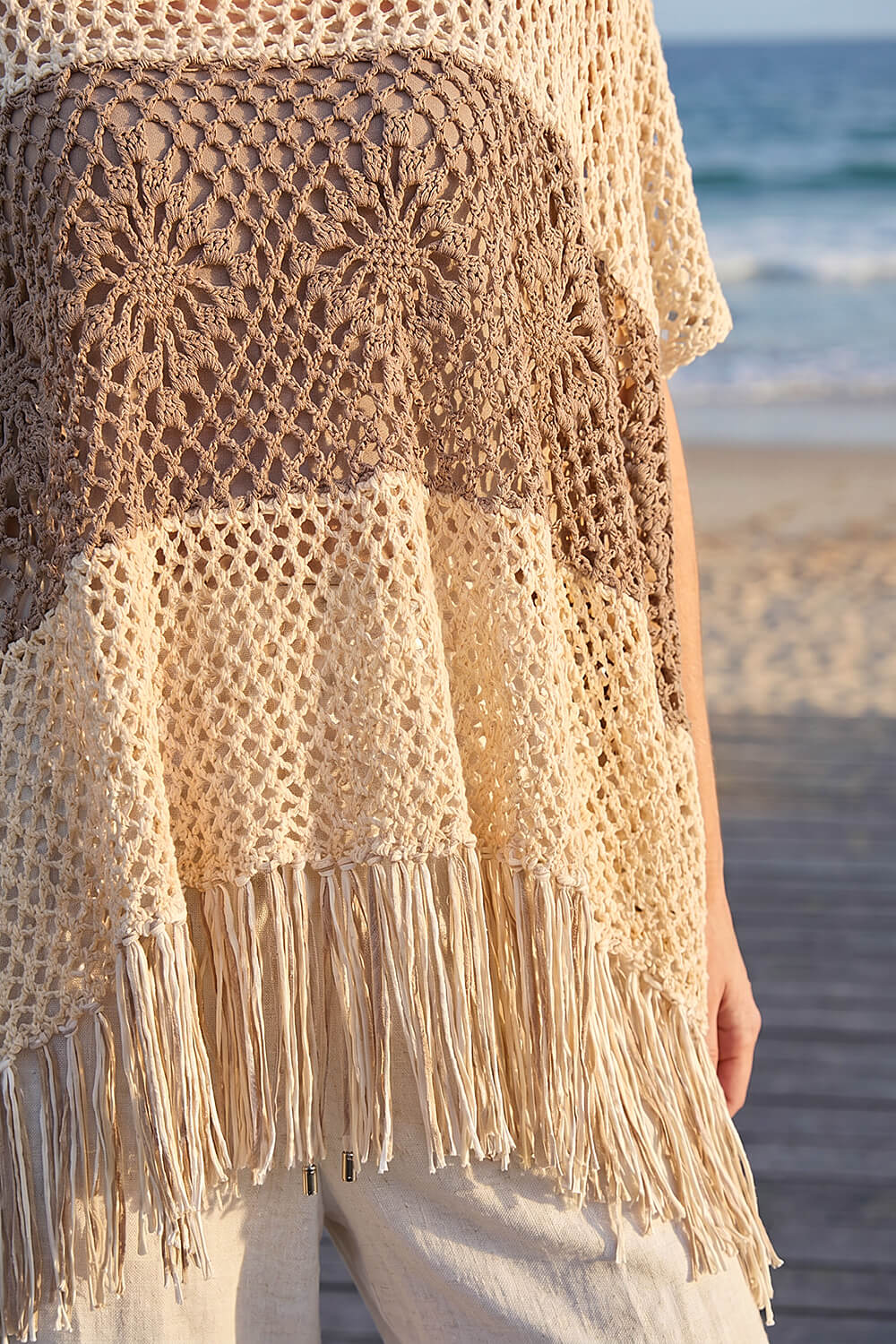 Natural Tassel Stripe Crochet Poncho, Image 5 of 4
