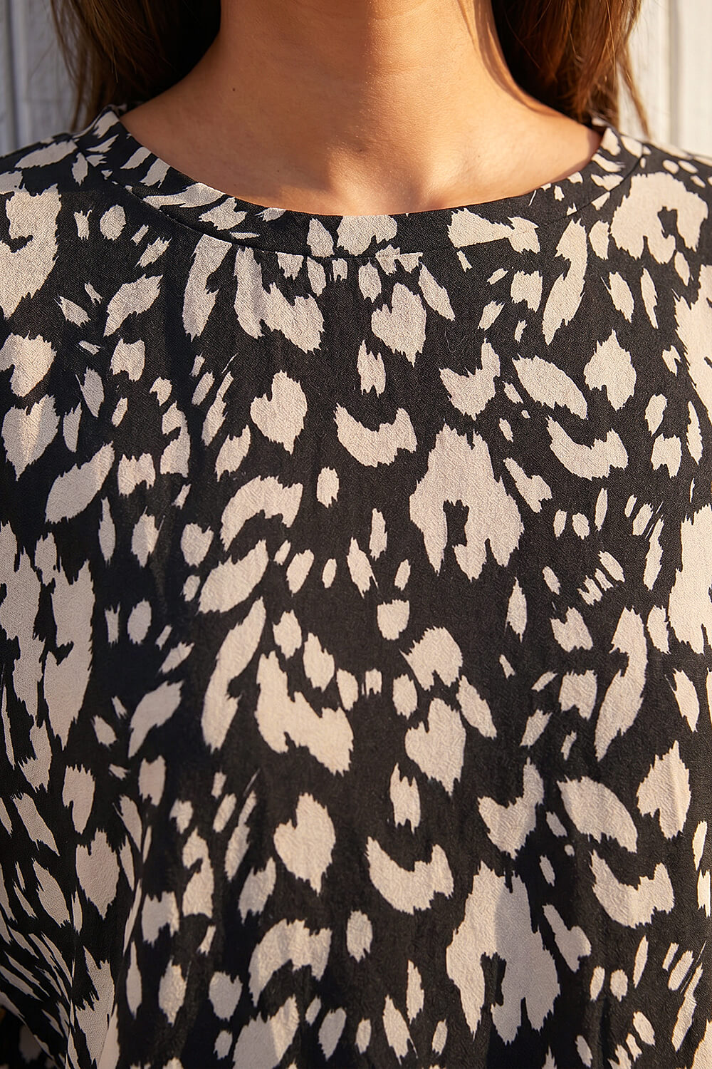 Beige Abstract Print Shirred Hem Top, Image 5 of 4