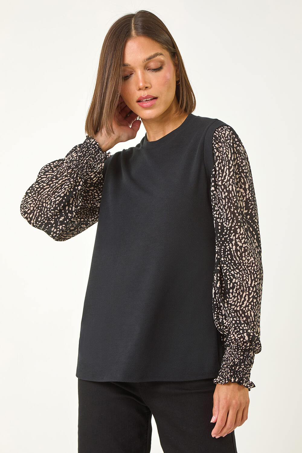 Black 2 in 1 Print Mesh Sleeve Top, Image 1 of 5