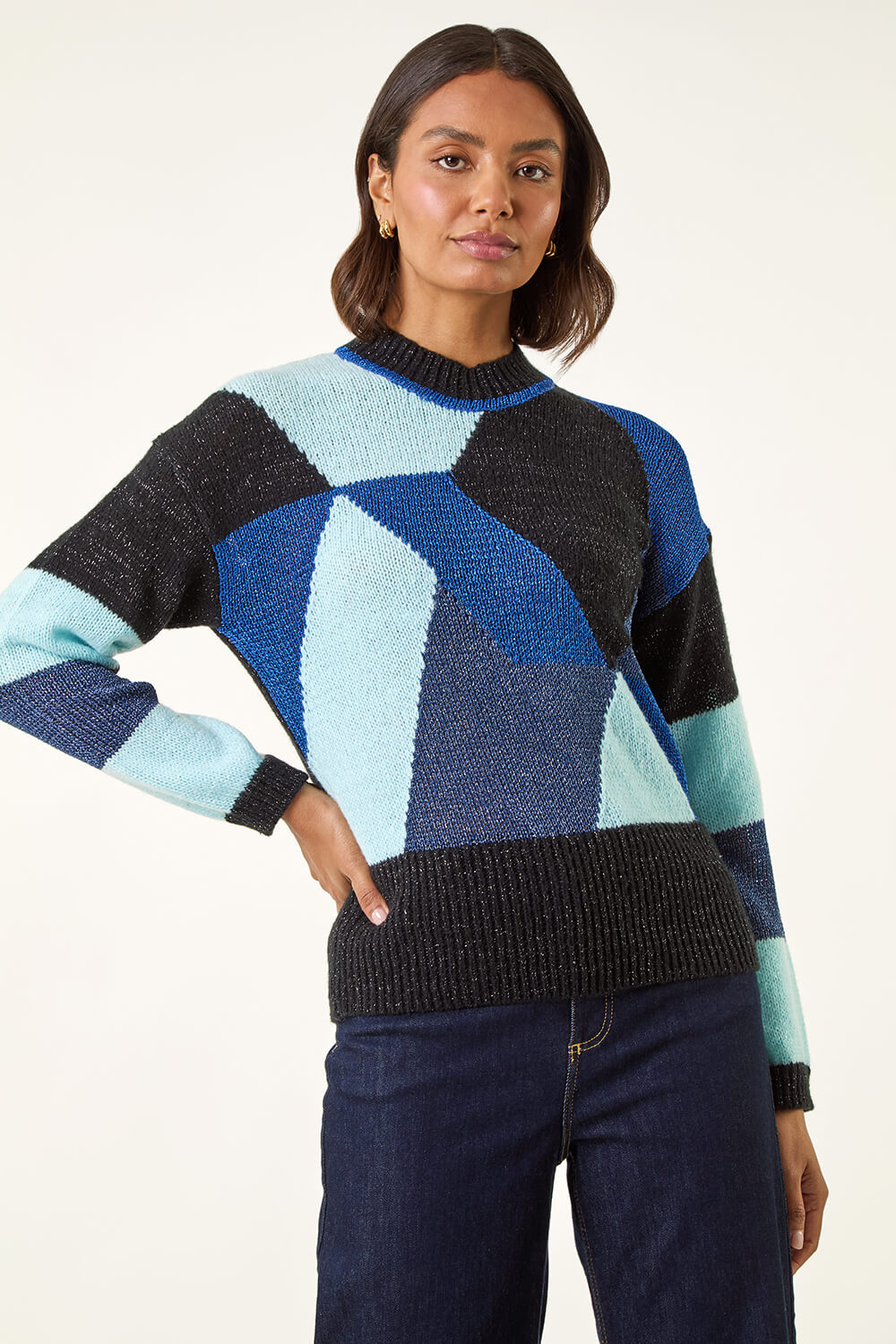 Blue Metallic Colour Block Knit Jumper, Image 5 of 5